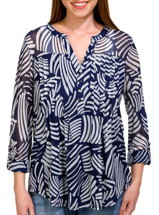 Thumbnail 1: Juniper + Lime Juniper + Lime Womens Print Pleated Henley 3/4 Sleeve Top 