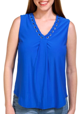 Thumbnail 1: Juniper + Lime Juniper + Lime Petite Sleeveless V-Neck Solid Ruff Top 