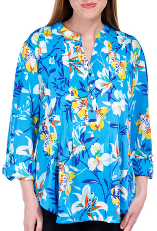Thumbnail 1: Juniper + Lime Juniper + Lime Womens Print 3/4 Sleeve Pleated Top 