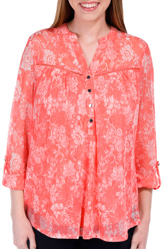 Thumbnail 1: Juniper + Lime Juniper + Lime Womens Floral Inset Henley 3/4 Sleeve Top 