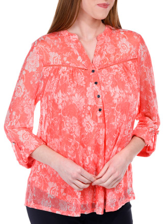 Thumbnail 4: Juniper + Lime Juniper + Lime Womens Floral Inset Henley 3/4 Sleeve Top 