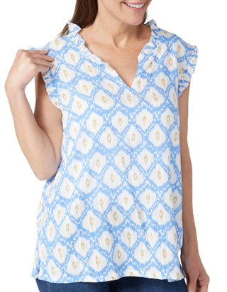 Thumbnail 1: Erika Erika Womens Ikat Print Ruffle Cap Sleeve Pullover Top 