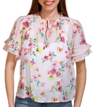 Thumbnail 2: Zac & Rachel Zac & Rachel Petite Short Sleeve Neck Tie Print Slub Top 
