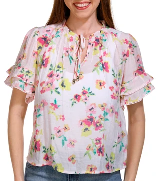 Thumbnail 1: Zac & Rachel Zac & Rachel Petite Short Sleeve Neck Tie Print Slub Top 