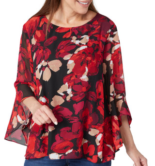 Thumbnail 2: Kasper Kasper Womens 3/4 Ruffle Bell Sleeve Abstract Top 