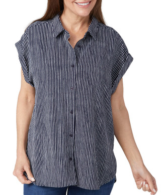 Thumbnail 1: Adrianna Papell Adrianna Papell Womens Short Sleeve Stripe Button Down Top 
