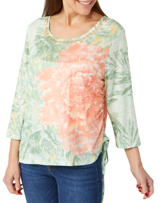 Thumbnail 1: Ruby Road Ruby Road Knit Print Elbow Sleeve Embellished Ruched Top 