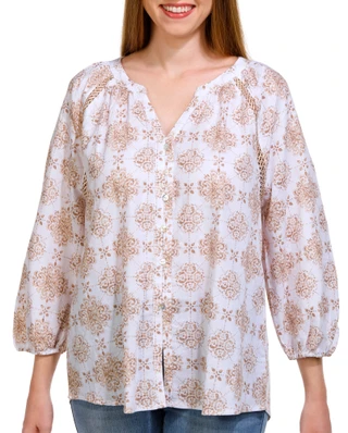 Thumbnail 2: NUCO Nuco Womens Printed Button Front 3/4 Sleeve Top 