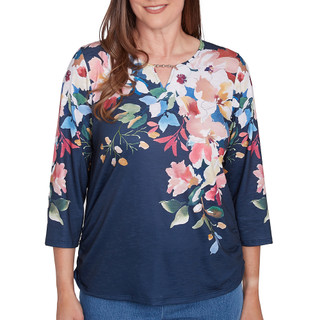 Thumbnail 1: Alfred Dunner Alfred Dunner Womens 3/4 Sleeve Floral Knit Ruched Top 