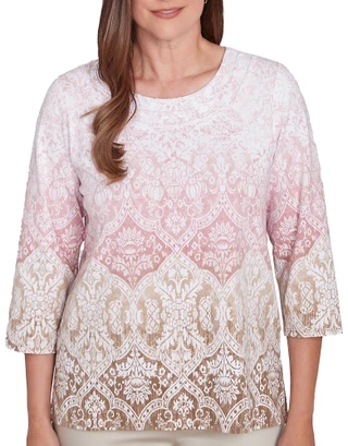 Thumbnail 1: Alfred Dunner Alfred Dunner Petite 3/4 Sleeve Ombre Medallion Top 