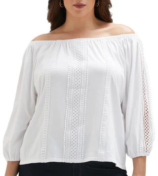 Thumbnail 2: Ella Ella Plus 3/4 Sleeve Solid Lace Trim Off the Shoulder Top 