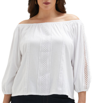Thumbnail 1: Ella Ella Plus 3/4 Sleeve Solid Lace Trim Off the Shoulder Top 