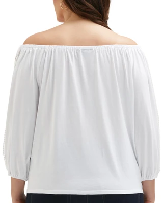 Thumbnail 4: Ella Ella Plus 3/4 Sleeve Solid Lace Trim Off the Shoulder Top 