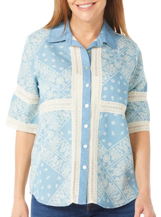 Thumbnail 2: BUNULU Bunulu Womens Short Sleeve Lace Trim Paisley Buttoned Top 