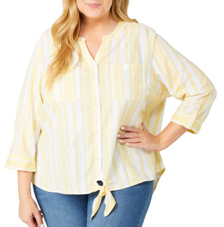 Thumbnail 2: NUCO Nuco Plus 3/4 Sleeve Buttoned Striped Print Top 