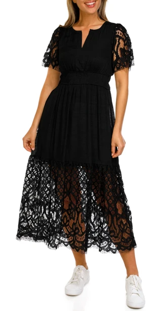 Thumbnail 1: Kings Road Kings Road Womens Short Sleeve Split Neck Lace Midi Dress 