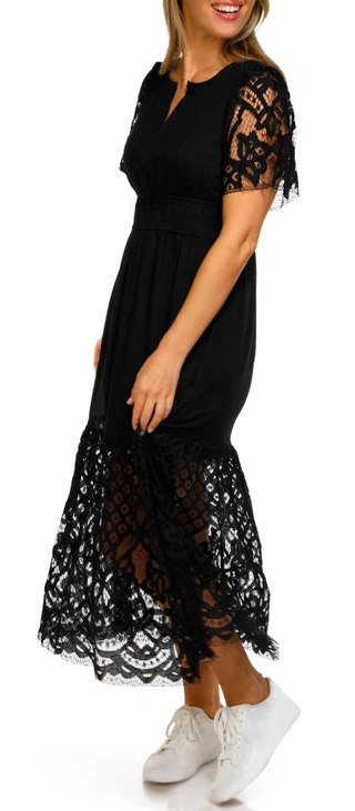 Thumbnail 4: Kings Road Kings Road Womens Short Sleeve Split Neck Lace Midi Dress 