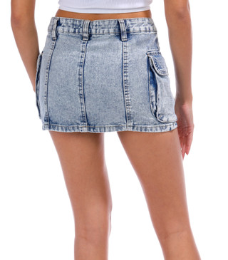 Thumbnail 3: YMI YMI Juniors Mid-Rise Washed Light Denim Cargo Skort 