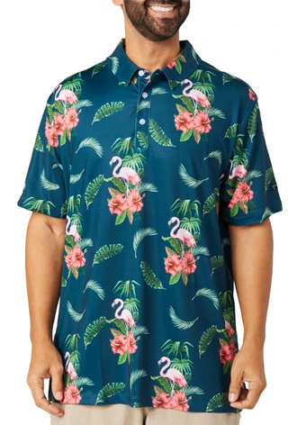 Thumbnail 1: YATTA GOLF Yatta Golf Mens Tropical Flamingo Golf Polo Shirt 