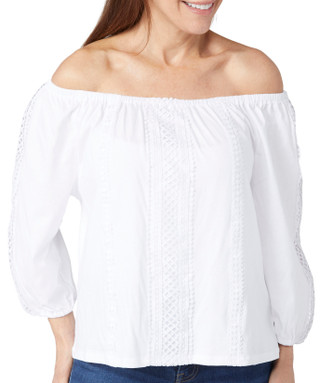 Thumbnail 2: Rafaella Rafaella Petite 3/4 Sleeve Lace Trim Off the Shoulder Top 
