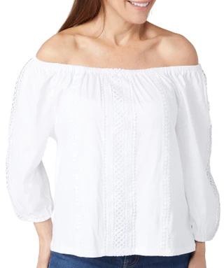 Thumbnail 1: Rafaella Rafaella Petite 3/4 Sleeve Lace Trim Off the Shoulder Top 