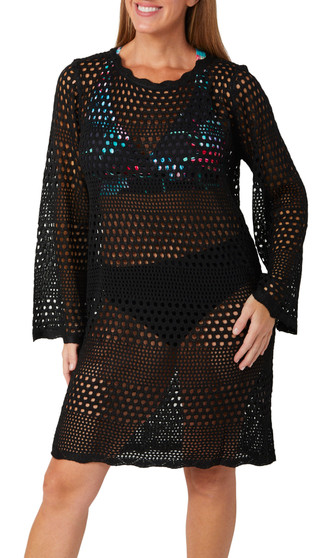 Thumbnail 1: TIDAL WAVE Tidal Wave Womens Long Sleeve Crochet Cover Up Dress 