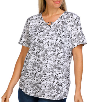 Thumbnail 1: Coral Bay Coral Bay Womens Short Sleeve Ring V-Neck Print Top 