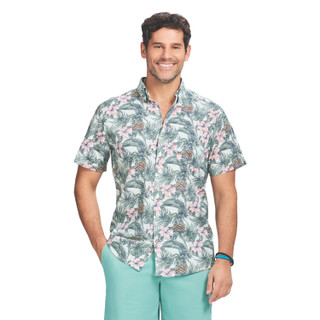 Thumbnail 2: IZOD IZOD Men's Chambray Green Pink Short Sleeve Buttoned Shirt 