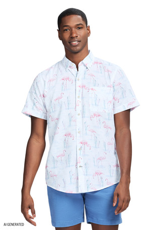 Thumbnail 1: IZOD IZOD Men's Chambray Flamingo Short Sleeve Buttoned Shirt 