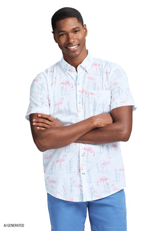 Thumbnail 3: IZOD IZOD Men's Chambray Flamingo Short Sleeve Buttoned Shirt 