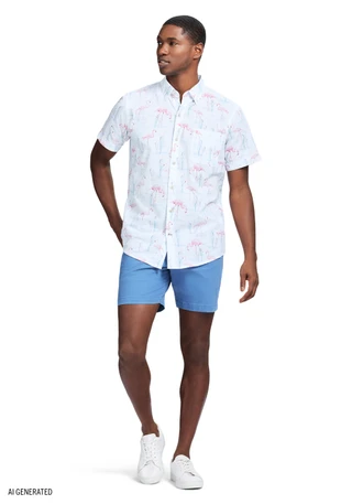 Thumbnail 4: IZOD IZOD Men's Chambray Flamingo Short Sleeve Buttoned Shirt 