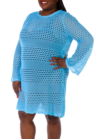 Thumbnail 1: TIDAL WAVE Tidal Wave Plus Long Sleeve Crochet Cover Up Dress 