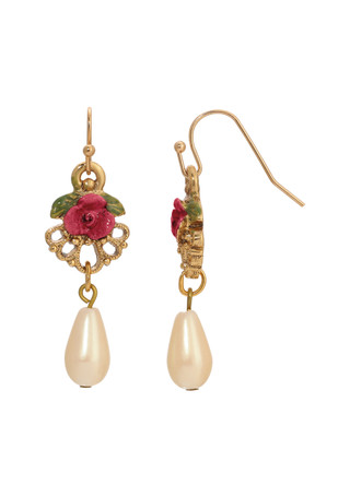 Thumbnail 1: 1928 Jewelry 1928 Jewelry Red Rose Filigree Faux Pearl Earrings 