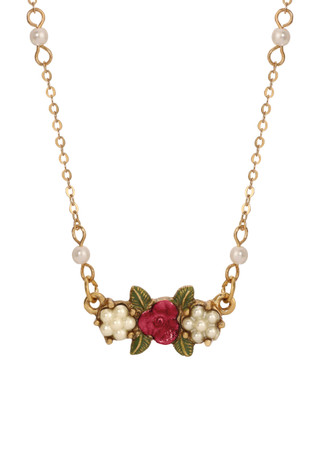 Thumbnail 1: 1928 Jewelry 1928 Jewelry Faux Pearl & Red Rose Collar Necklace 