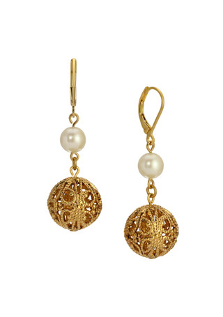 Thumbnail 1: 1928 Jewelry Faux Pearl Filigree Bead Drop Earrings 