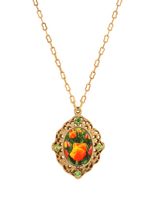 Thumbnail 1: 1928 Jewelry 1928 Jewelry Oval Orange Tulip Decal Necklace 