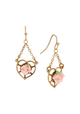 Thumbnail 1: 1928 Jewelry 1928 Jewelry Gold Tone Heart Porcelain Rose Earrings 