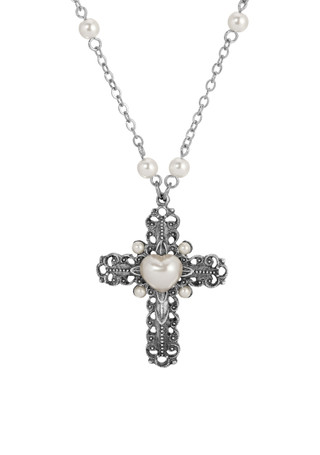 Thumbnail 2: SYMBOLS OF FAITH Symbols of Faith Cross Heart Faux Pearl Necklace 