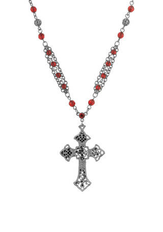Thumbnail 1: SYMBOLS OF FAITH Symbols of Faith Black Tone Cross Red Beaded Necklace 