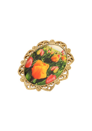 Thumbnail 1: 1928 Jewelry 1928 Jewelry Gold Tone Oval Orange Tulip Decal Pin 