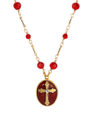Thumbnail 1: SYMBOLS OF FAITH Symbols of Faith Red Enamel Cross Oval Locket 