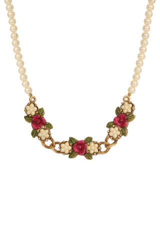 Thumbnail 1: 1928 Jewelry 1928 Jewelry Faux Pearl Red Rose Collar Adjustable Necklace 