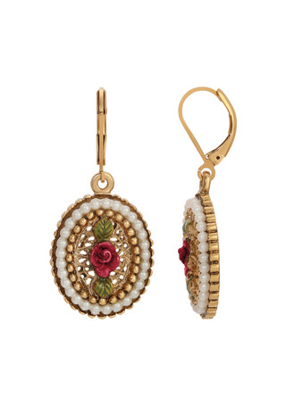 Thumbnail 1: 1928 Jewelry 1928 Jewelry Faux Pearl Red Rose Oval Drop Earrings 