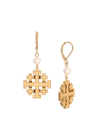 Thumbnail 1: SYMBOLS OF FAITH Symbols of Faith Faux Pearl Bead Jerusalem Cross Earrings 