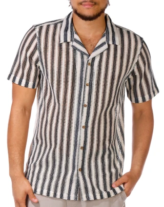 Thumbnail 1: Distortion Distortion Men's Short Sleeve Striped Open Weave Shirt 