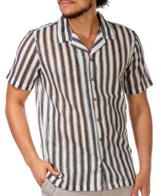 Thumbnail 4: Distortion Distortion Men's Short Sleeve Striped Open Weave Shirt 