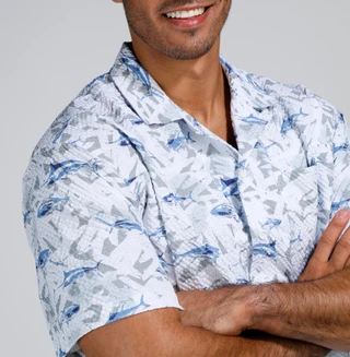 Thumbnail 2: REEL LEGENDS Reel Legends Mens Seersucker Shark Printed Button Up Shirt 
