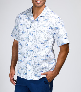 Thumbnail 1: REEL LEGENDS Reel Legends Mens Seersucker Shark Printed Button Up Shirt 