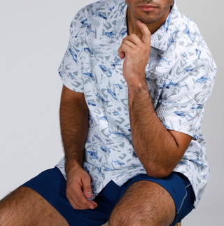 Thumbnail 8: REEL LEGENDS Reel Legends Mens Seersucker Shark Printed Button Up Shirt 
