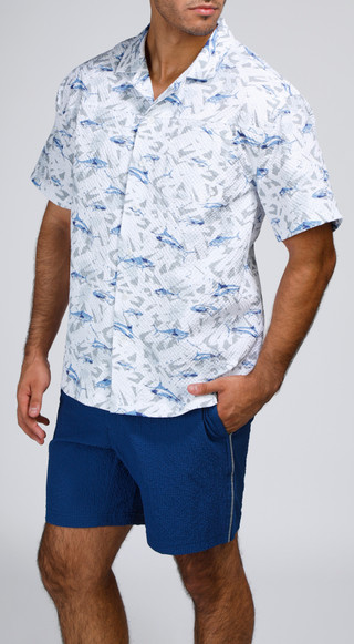 Thumbnail 4: REEL LEGENDS Reel Legends Mens Seersucker Shark Printed Button Up Shirt 